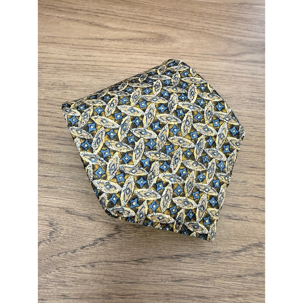 Ermenegildo Zegna Silk Tie Gold Blue Geometric Pattern Made in Italy Luxury